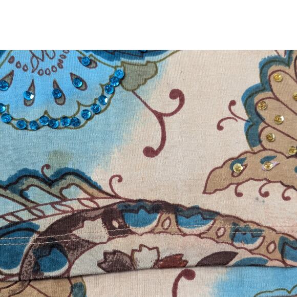 Y2K Forbidden 3/4 Sleeve V-Neck Velvet Trim Beaded Top Tan and Blue Size Medium - Picture 6 of 12